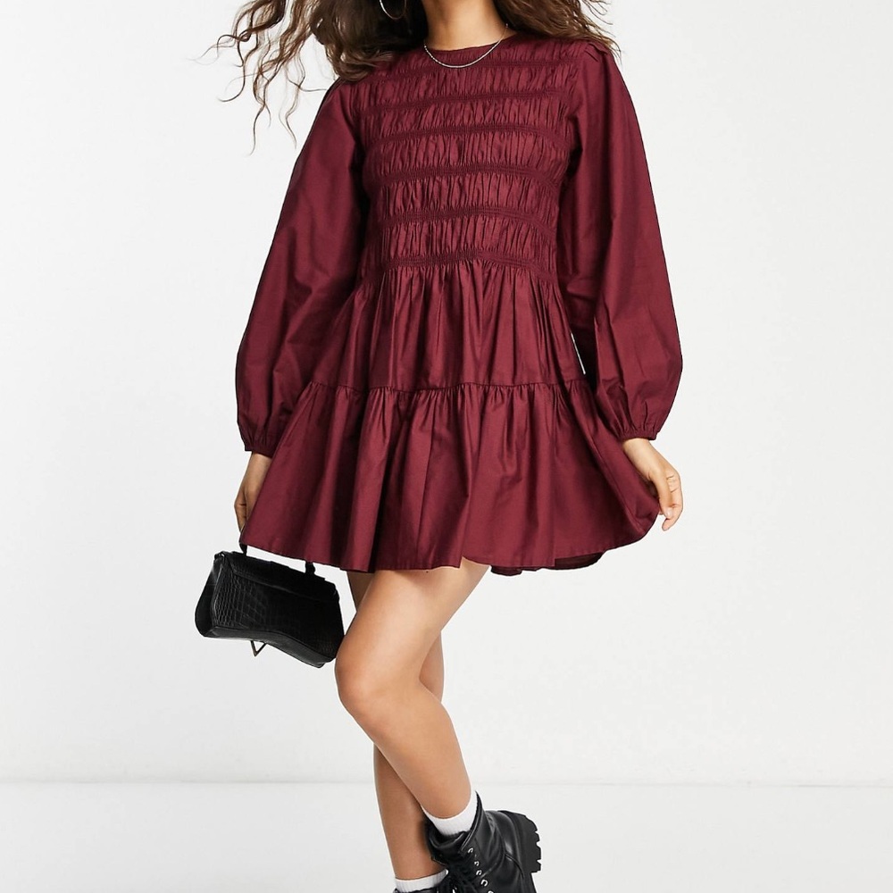Burgundy Smocked Long Sleeve ASOS Mini Dress